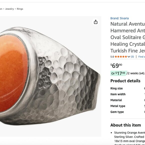 NEW - Handmade Vintage Inspired Chunky Boho Orange Aventurine Ring Size 11 - Picture 11 of 12